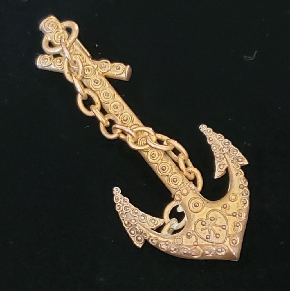Antique Etruscan Victorian Anchor Brooch Gold Wash Embellished Hope Symbol